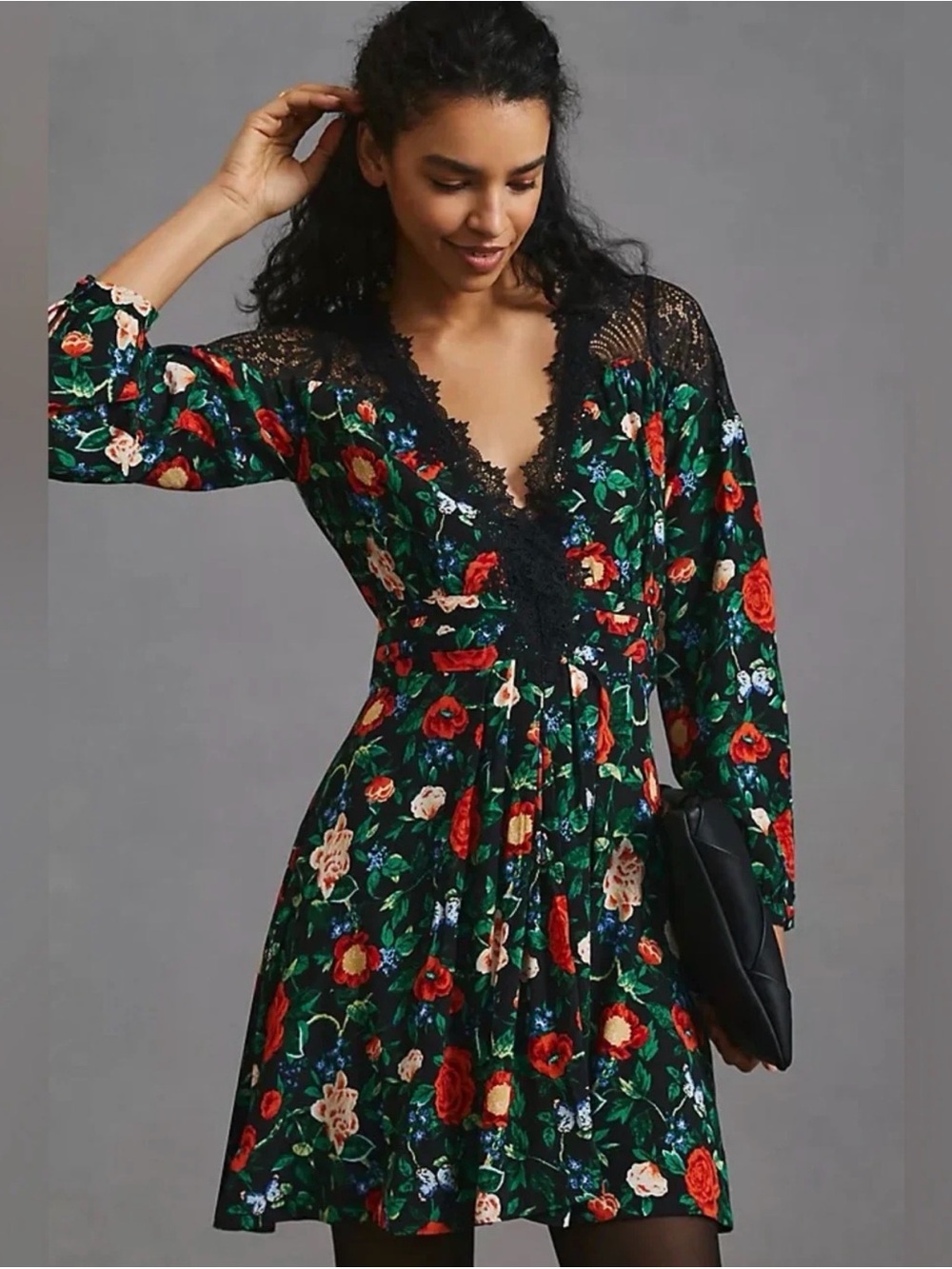 Anthropologie Black Floral Lace-Trim Long Sleeve Dress